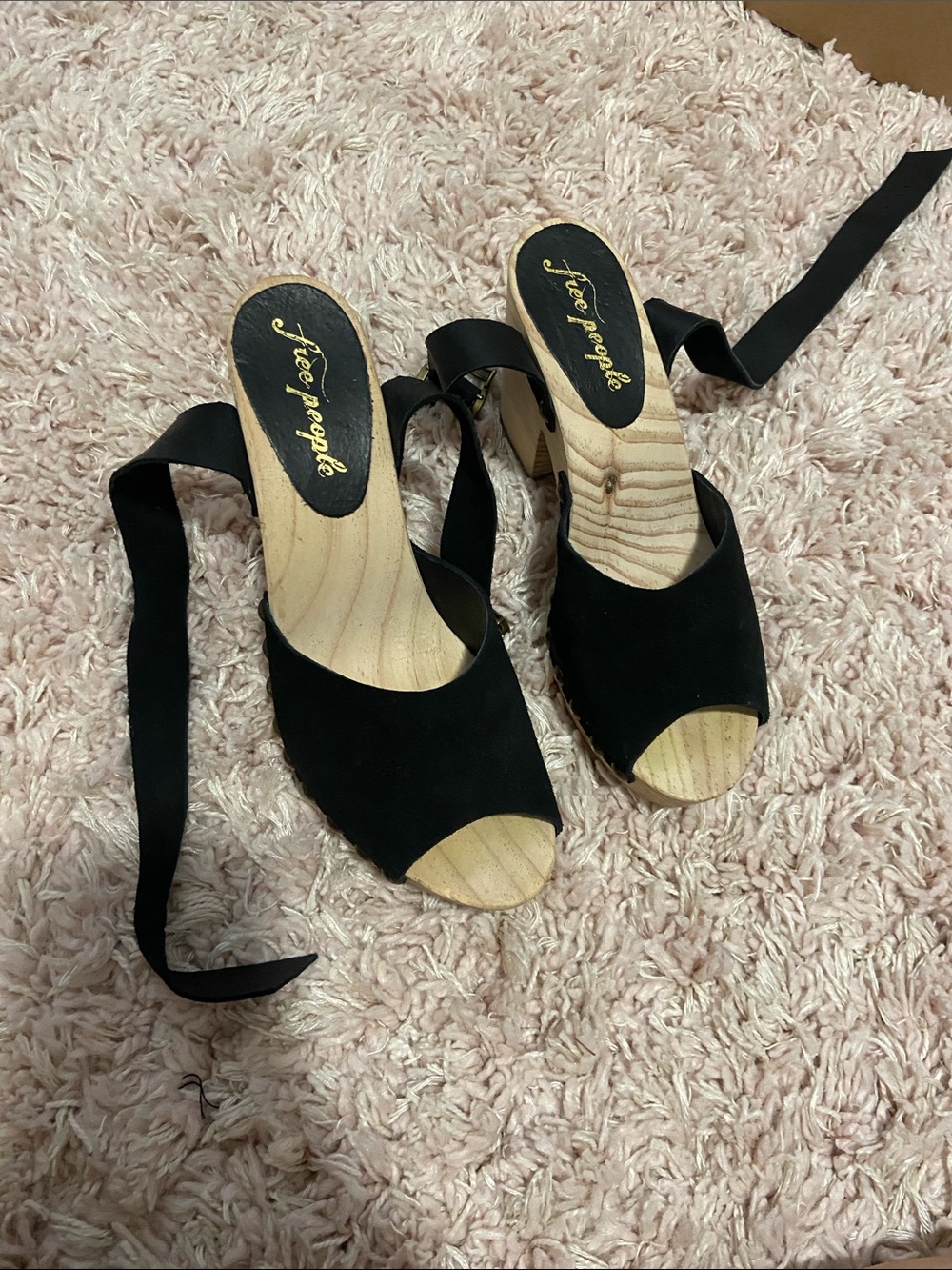 Free People Black Suede Peep-Toe Lace-Up Wedges